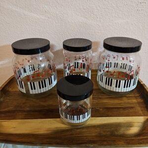 VTG Ball Glass Canister Container 4 Set W/ Screw Lid Musical Note Piano Theme